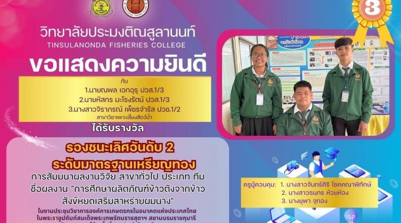 วิทยาลัยประมงติณสูลานนท์ ขอแสดงความยินดี กับ การแข่งขันทักษะการสัมนาผลงานวิจัย สาขาทั่วไป ประเภท ทีม ชื่อผลงาน “การศึกษาผลิตภัณฑ์ข้าวตังจากข้าวสังหยดเสริมสาหร่ายผมนาง” ที่ได้รับ รางวัลรองชนะเลิศอันดับ 2