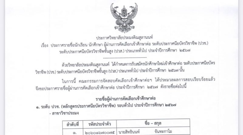 ประกาศรายชื่อนักเรียนนักศึกษาผู้ผ่านการคัดเลือกเข้าศึกษาต่อ ระดับประกาศนียบัตรวิชาชีพ(ปวช.) และระดับประกาศนียบัตรวิชาชีพชั้นสูง (ปวส.) ประจำปีการศึกษา ๒๕๖๗